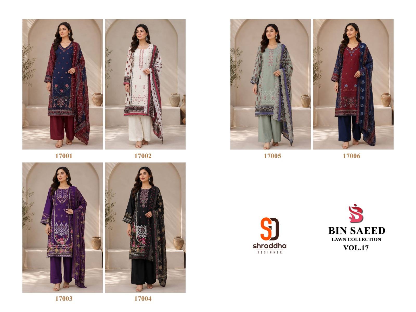 BIN SAEED VOL-17 By SHARDDHA DESIGNER 17001 To 17006 Series Premium Pure Cotton dresses at Wholesale Price